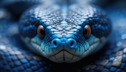 Close-up of a striking blue snake's head