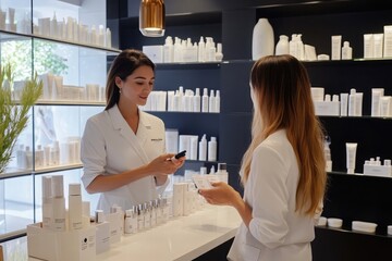 Woman consulting with a skincare expert about anti-aging treatments in a modern beauty salon
