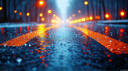 Rainy City Street at Night with Blurry Lights and Wet Asphalt