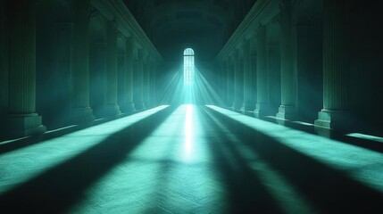 Mystical Teal Light Illuminates Ancient Stone Hallway