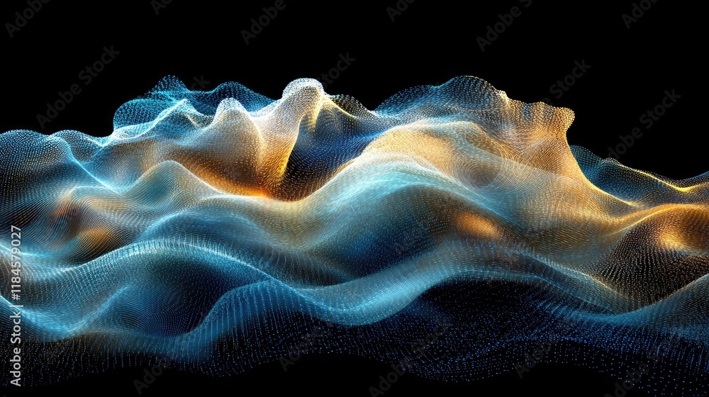 Poster a dynamic wave of digital particles forming a d graph, symbolizing innovation and data analysis.