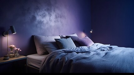 Modern bedroom background with cozy blue tones and soft lighting
