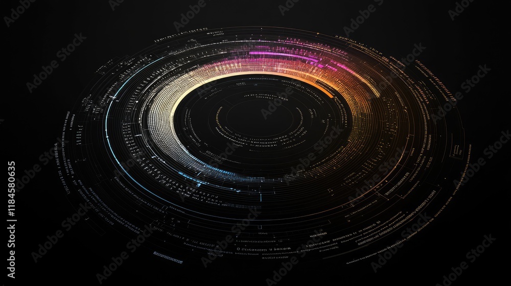 Poster a futuristic circular infographic with rotating segments and data labels, displayed against a dark b