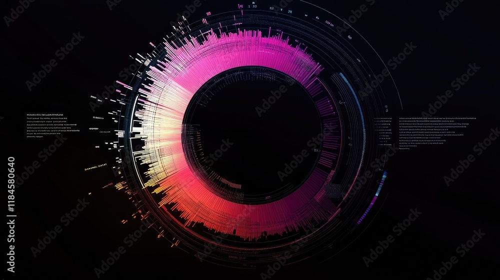 Poster a futuristic circular infographic with rotating segments and data labels, displayed against a dark b