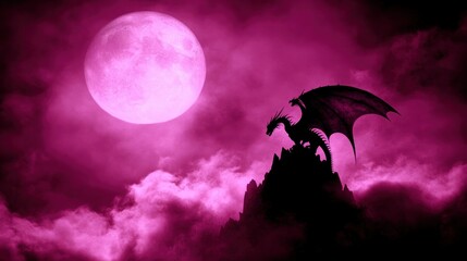 Fototapeta premium A majestic silhouette of a dragon perched atop a mystical mountain peak, bathed in the ethereal glow of a pink moon, creating an otherworldly, breathtaking scene.