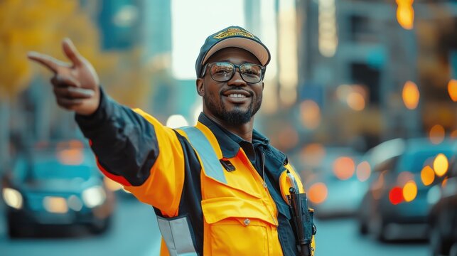 A calm security guard directing traffic during a parade, expertly guiding vehicles around the event, maintaining order and enthusiasm in a lively atmosphere.
