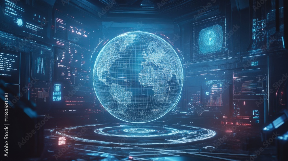 Poster a futuristic wireframe globe surrounded by holographic graphs and data streams, representing technol