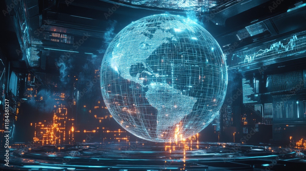 Poster a futuristic wireframe globe surrounded by holographic graphs and data streams, representing technol