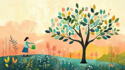 A gardener watering a newly planted tree, with the fresh green leaves beginning to show signs of growth.