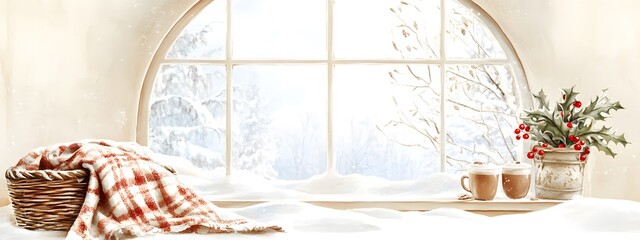 A beautiful arched window with snow outside, a winter theme