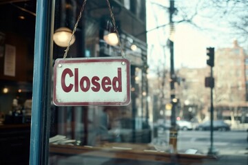 Closed Sign on Shop Window: A red and white "Closed" sign hangs in the window of a small shop, a quiet urban street blurred in the background, conveying a sense of stillness and temporary closure.