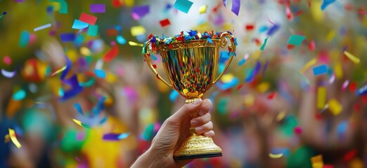 Golden Trophy and Confetti: A gleaming golden trophy held high, with a burst of colorful confetti raining down around it, capturing the joy and exuberance of a triumphant victory.