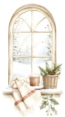 A beautiful arched window with snow outside, a winter theme