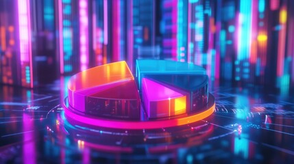 A glowing D pie chart with vibrant colors, suspended in a futuristic space-like environment.