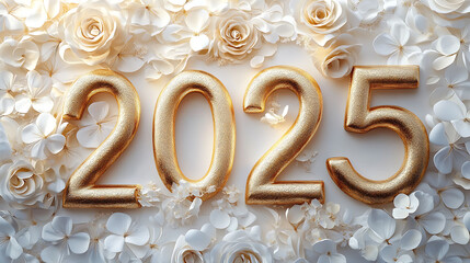 Celebrate the arrival of the New Year 2025 with elegant golden numbers on a white floral background. created with Generative AI technology