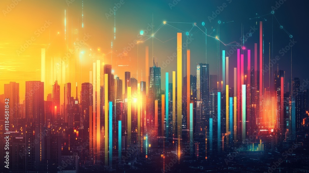 Poster a graphic rendering of an abstract cityscape made of glowing bars and charts, symbolizing urban anal