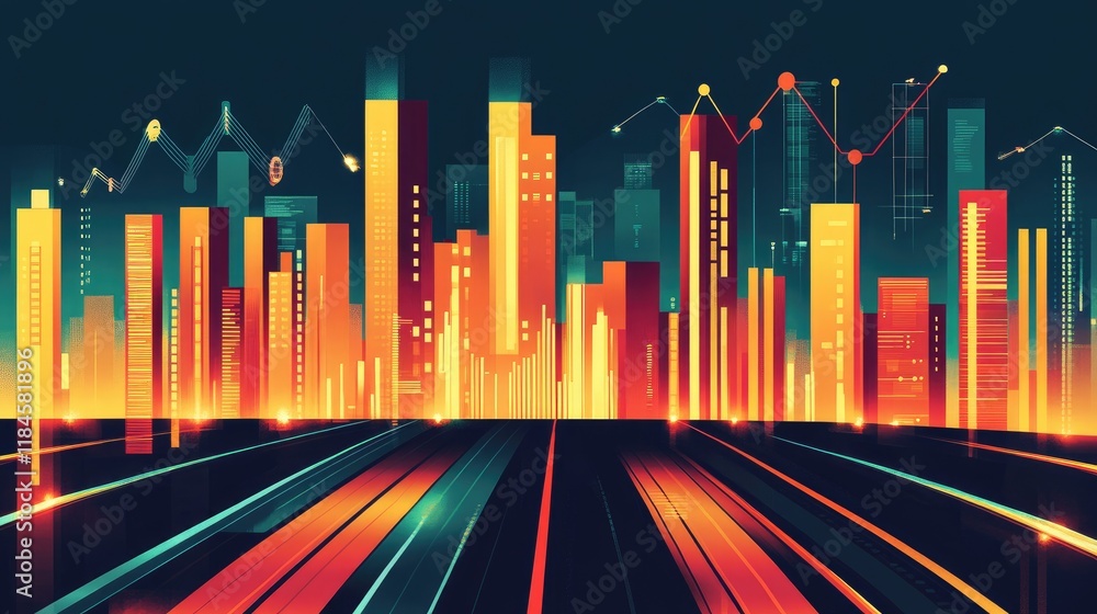 Poster a graphic rendering of an abstract cityscape made of glowing bars and charts, symbolizing urban anal
