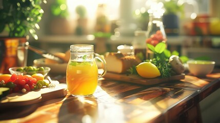 A jar of honey on a rustic wooden table Freshly picked mushrooms on a wooden table Close-up of grilled meat with vegetables on a plate 