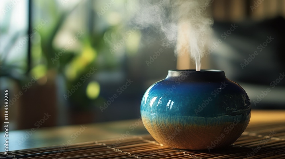Poster soft blue and amber mist creates a tranquil atmosphere in a serene indoor setting during the day