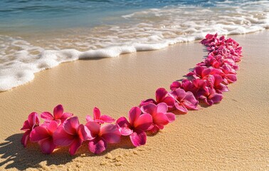 A long line of pink flowers is laying on the beach