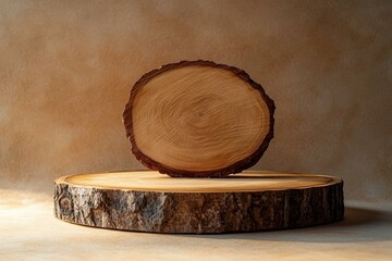 Wooden Slice Display Stand Against Beige Background
