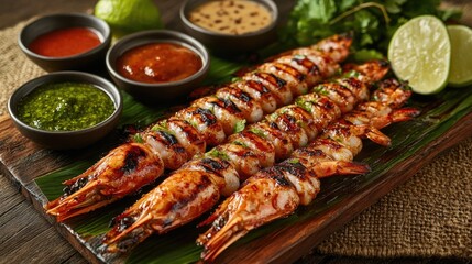 A hot platter of grilled prawns with a crispy, caramelized exterior, placed on a rustic table with dipping sauces.