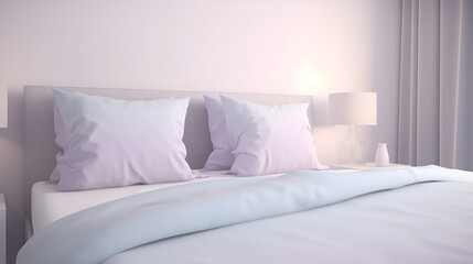 Cozy Bedroom with Plush Bedding and Pastel Lighting in Minimal Design