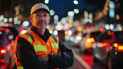A dedicated traffic control officer overseeing a large event, guiding vehicles and ensuring smooth access, showcasing professionalism and calm in a crowded atmosphere.