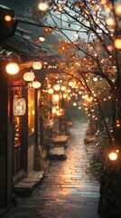 Fototapeta premium Lanterns hanging between village houses, illuminating the quiet paths with a warm festive glow