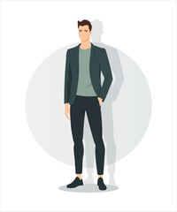 Vector illustration. A man in a classic dark jacket, white shirt and dark pants, neutral light background.
