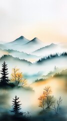 Fototapeta premium Misty Mountain Landscape in Autumn with Colorful Trees and Hazy Atmosphere