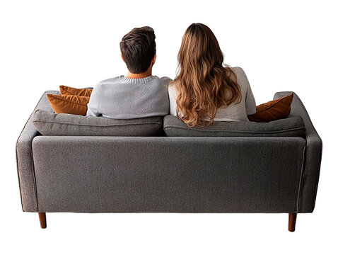 Couple sitting on couch, back view isolated on transparent background