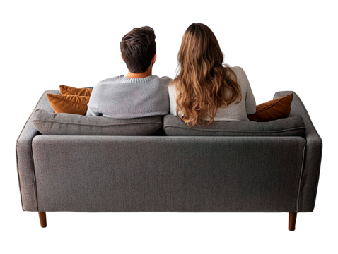 Couple sitting on couch, back view isolated on transparent background