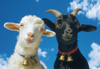 Two goats with bells around their necks are smiling at the camera