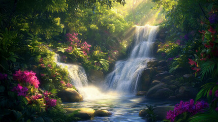 Fototapeta premium A dazzling jungle river flowing like liquid diamonds surrounded by lush greenery.