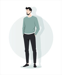 Vector illustration. Bearded man in green sweater and black jeans, pastel green background.