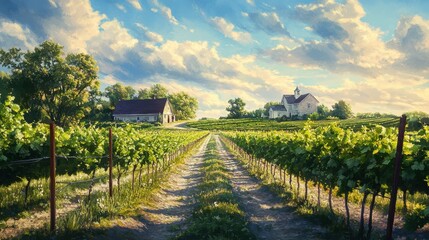 Naklejka premium Scenic vineyard with lush grapevines and charming farmhouse under a bright sky