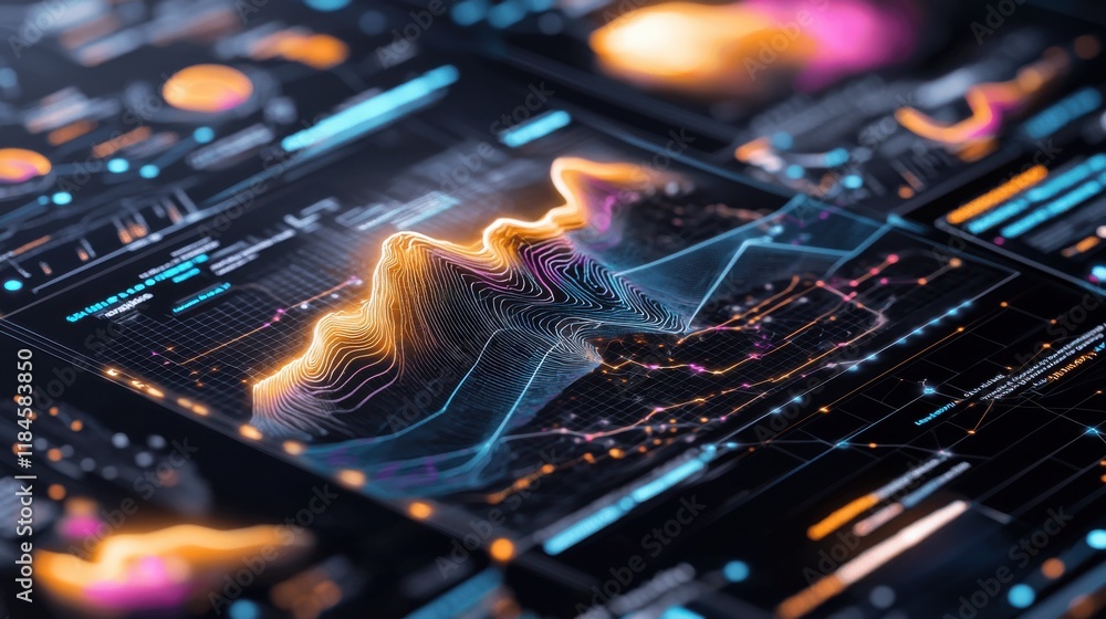 Poster glowing futuristic digital data visualization infographic with fluid shapes and curves
