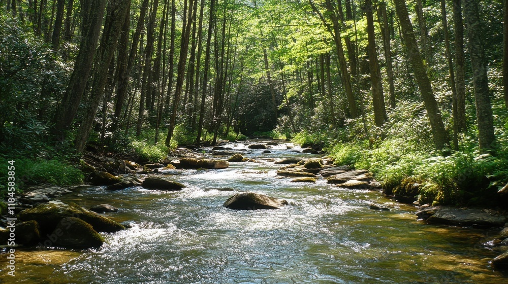 Poster mountain stream flows through a lush forest with sunlight reflecting off tranquil waters