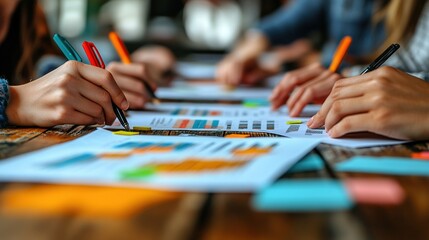A group collaborating on charts and graphs, analyzing data and brainstorming ideas.