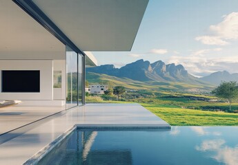 Fototapeta premium A large house with a pool and a mountain in the background