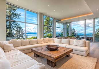 Fototapeta premium A large living room with a white couch and a brown coffee table
