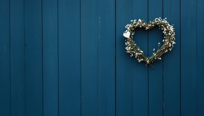 A heart-shaped wreath adorned with greenery hangs against a textured blue wooden wall, creating a charming and inviting atmosphere.