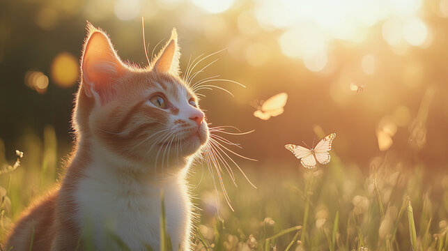 Beautiful and cute yellow and white cat playing on the meadow in sunny spring or summer grass field with butterfly insects. adorable and friendly, playful pet happiness in garden or park outdoor.
