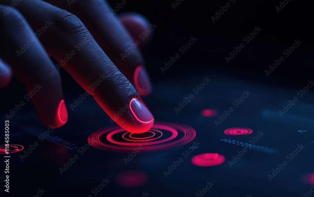 Poster a hand touches a glowing red touchscreen, creating concentric circles, illustrating technology and i