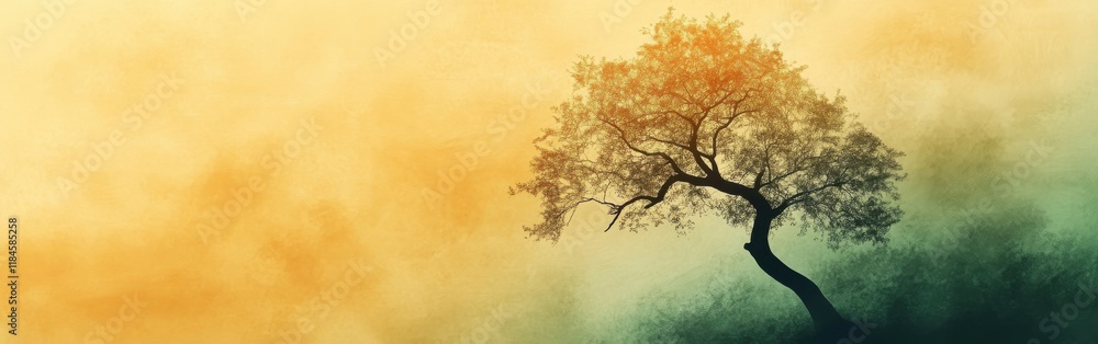 Poster elegant tree silhouette with branches in gradient amber and green tones set against a soft backdrop