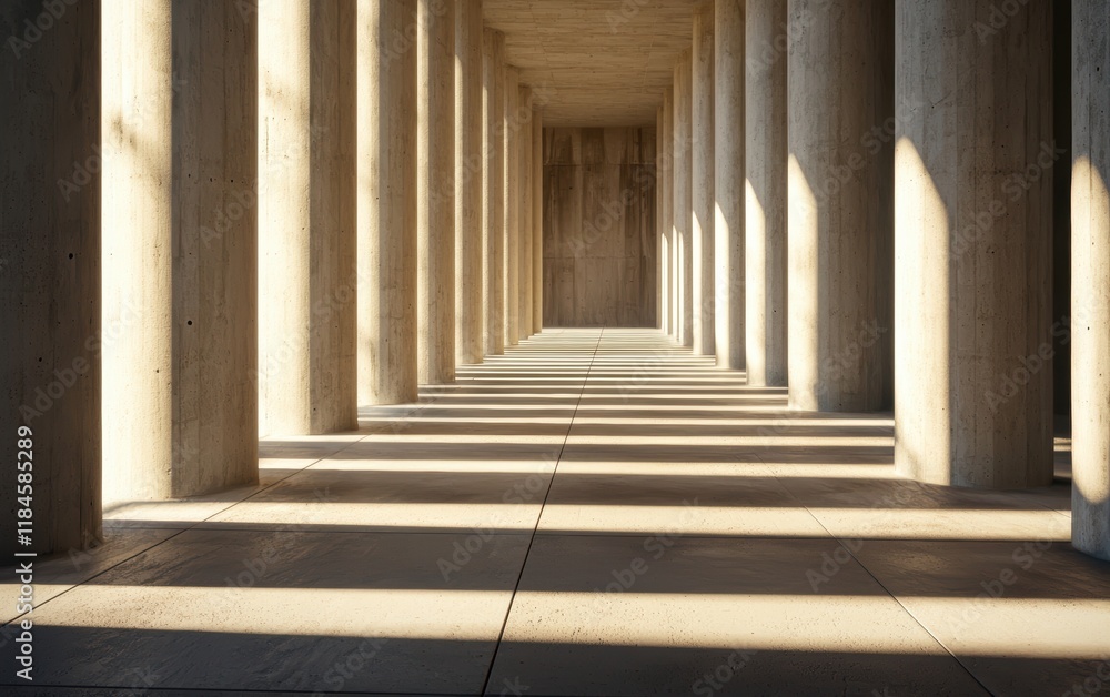 Poster a serene corridor of concrete columns casting long shadows, creating a play of light and depth in an