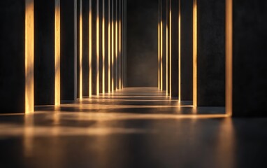 Naklejka premium A dimly lit corridor with glowing vertical lines creates a mysterious and inviting atmosphere, enhancing the sense of depth and perspective.
