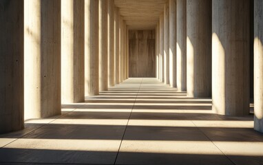 Fototapeta premium A serene corridor of concrete columns casting long shadows, creating a play of light and depth in an architectural setting.