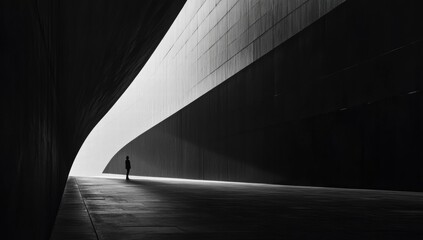 Obraz premium A person is walking down a long, dark tunnel